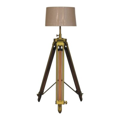 Vintage Wood and Brass Tripod Floor Lamp with Neutral Jute Shade