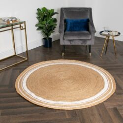 Natural Round Jute Rug with White Stripe Detail - Choice of Sizes