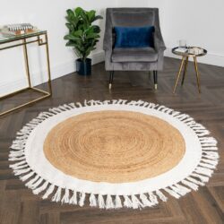 Natural Round Jute Rug with White Tassels - Choice of Sizes