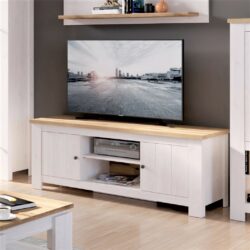 Country Shaker Large White TV Cabinet with Whitewashed Wood Effect