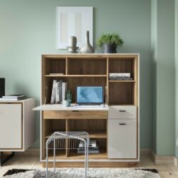 Aaron Modern Grey Bureau with Desk, Shelving & Oak Wood Effect