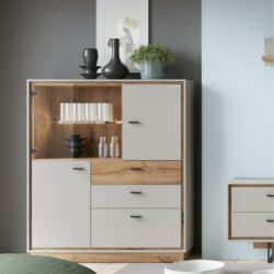 Aaron Modern Grey Display Cabinet with Drawers & Oak Wood Effect