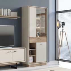 Aaron Modern Tall Grey Display Cabinet with Drawer & Oak Wood Effect