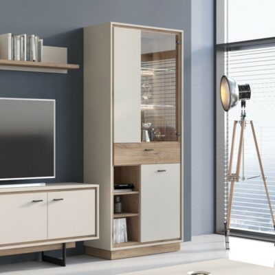 Aaron Modern Tall Grey Display Cabinet with Drawer & Oak Wood Effect
