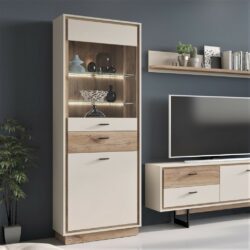 Aaron Modern Tall Slim Grey Display Cabinet with Drawers & Oak Wood Effect