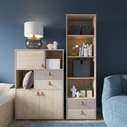 Cora Slim Tall Light Wooden Bookcase with Drawers & Grey Accent Detail