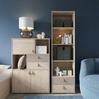 Cora Slim Tall Light Wooden Bookcase with Drawers & Grey Accent Detail