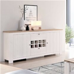 Country Shaker Rustic White Sideboard with Wine Rack, Oak Top & Whitewash