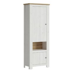 Country Shaker Tall Slim Rustic White Cupboard Cabinet with Oak Wood Effect