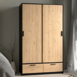 Lincoln Double Black Wardrobe with Drawers, Sliding Doors & Oak Wood Effect