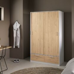 Lincoln Double Wooden Wardrobe with Sliding Doors & Drawers with Oak Effect