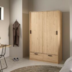 Lincoln Modern Double Wooden Wardrobe with Drawers & Sliding Doors with Oak Effect
