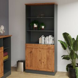 Chuck's Barn Large Grey Bookcase with Rustic Wooden Doors