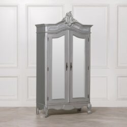 Double French Antique Silver Wardrobe with Mirrored Doors