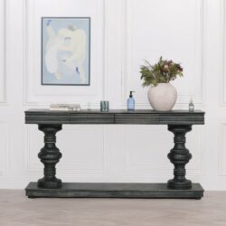 Large Wooden Vintage Black Console Table with Drawers & Distressed Finish