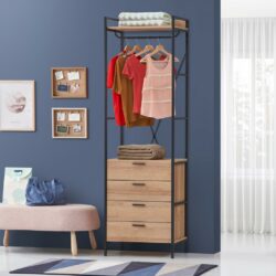 Luna Modern Open Wardrobe with Wooden Drawers & Metal Frame