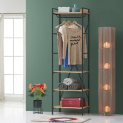 Modern Open Wardrobe with Wooden Shelves & Metal Frame