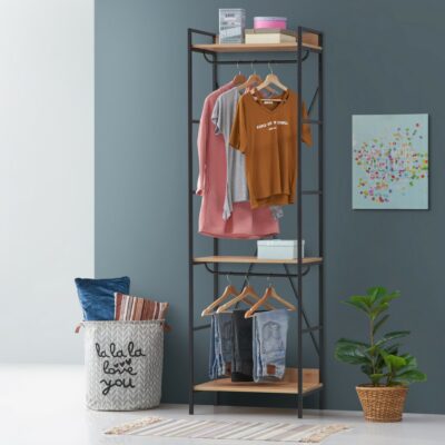 Modern Slim Open Wardrobe with Hanging Rails & Metal Frame