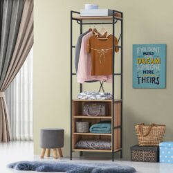 Modern Slim Open Wardrobe with Shelf Unit, Hanging Rails & Metal Frame