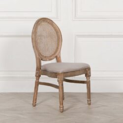 Vintage Wooden Rattan Dining Chair with Brown Linen Seat