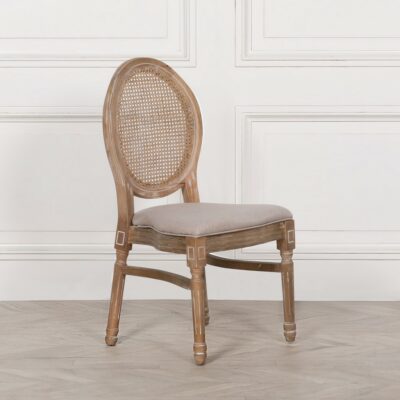 Vintage Wooden Rattan Dining Chair with Brown Linen Seat