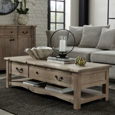 Durham Rustic French Large Vintage Wooden Coffee Table with Drawer