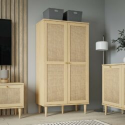 Alicante Tall Wood and Rattan Cabinet in Light Oak Wood Effect
