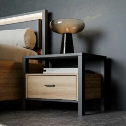 Louisiana Modern Black Bedside Table with Oak Wood Effect