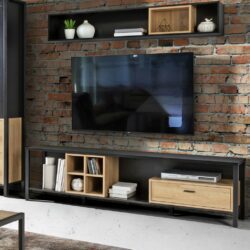 Louisiana Open Modern Black TV Cabinet with Oak Wood Accent