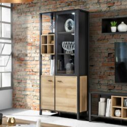 Louisiana Modern Tall Black Display Cabinet Drinks Cabinet with Wooden Base