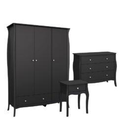 Louis French Black Bedroom Set with Large Wardrobe, Chest of Drawers & Bedside