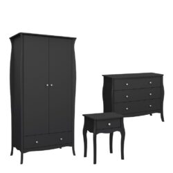 Louis French Black Bedroom Set with Wardrobe, Chest of Drawers & Bedside Table