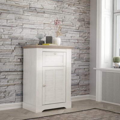 Galloway Rustic White Wooden Cupboard with Oak Top & Drawer