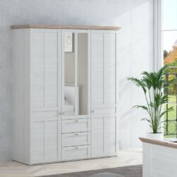 Galloway Rustic Wooden Large White Wardrobe with Mirror and Drawers