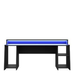 Large Matt Black Gaming Desk with Blue LED Light and Shelves