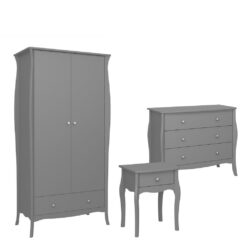 Louis French Grey Bedroom Set with Wardrobe, Chest of Drawers & Bedside Table