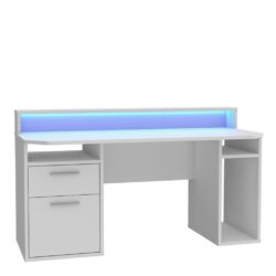 Modern White Gaming Desk with LED Light and Drawers