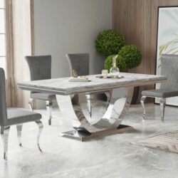 Archibold Modern Large White Marble Dining Table with Stainless Steel Base