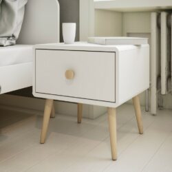 Aurora Modern White Bedside Table with Drawer & Wooden Legs