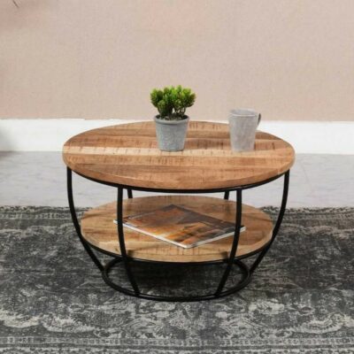 Bearwood Industrial Round Wooden Coffee Table with Black Metal Base