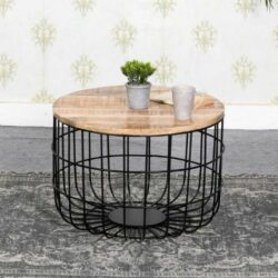 Bearwood Industrial Round Wooden Coffee Table with Black Metal Wire Base