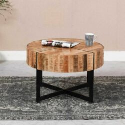Bearwood Rustic Chunky Round Wooden Coffee Table with Black Metal Legs