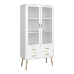 Brie Modern Large White Display Cabinet with Drawers & Wooden Legs