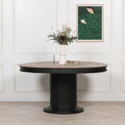 Chunky Round Black Dining Table with Wooden Top & Pedestal Base