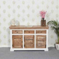Cotswold Large Rustic White and Wooden Sideboard with Drawers & Louvre Doors