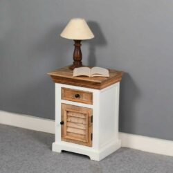 Cotswold Rustic White and Wooden Lamp Table with Louvre Door & Drawer