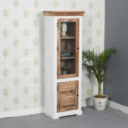 Cotswold Tall Rustic Slim White and Wooden Display Cabinet with Louvre Door
