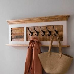 Cotswold Vintage Rustic Wooden Coat Rack with White Accent & Metal Hooks