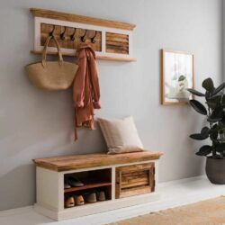 Cotswold White Rustic Wooden Hall Bench and Coat Rack Set