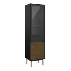 Donna Retro Tall Slim Black Display Cabinet with Dark Wood